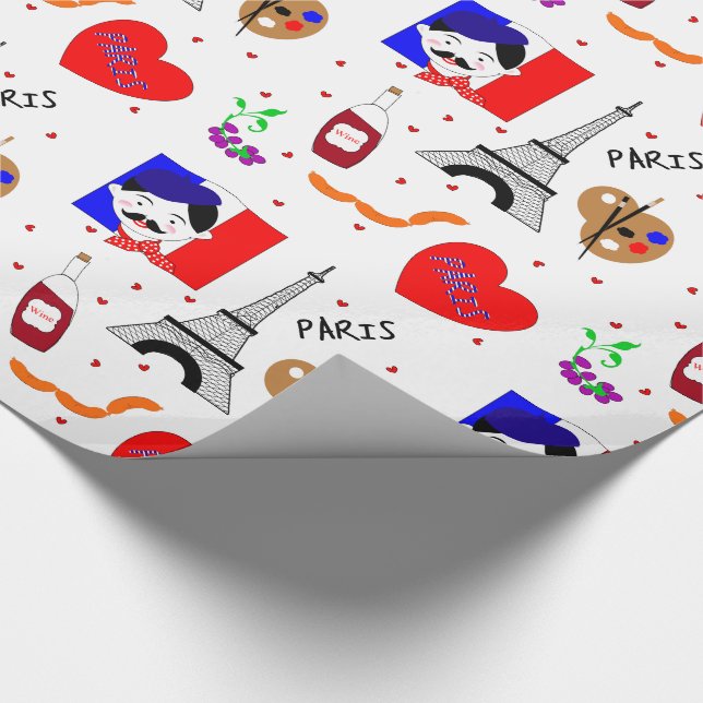 Paris France Themed Cute Fun Red White Blue Design Wrapping Paper (Corner)