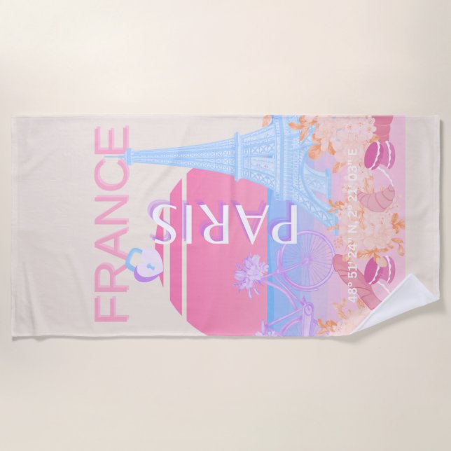 Paris, France, Travel Art, Preppy, Pastel Beach Towel (Front)