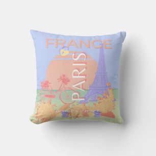Paris, France, Travel Art, Preppy, Pastel, Blue Cushion