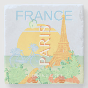 Paris, France, Travel Art, Preppy, Pastel, Blue Stone Coaster