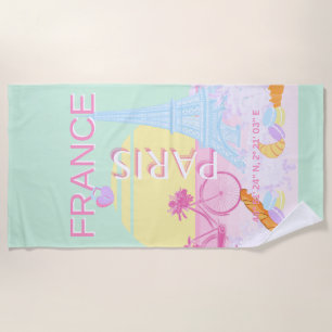 Paris, France, Travel Art, Preppy, Pastel, Green Beach Towel