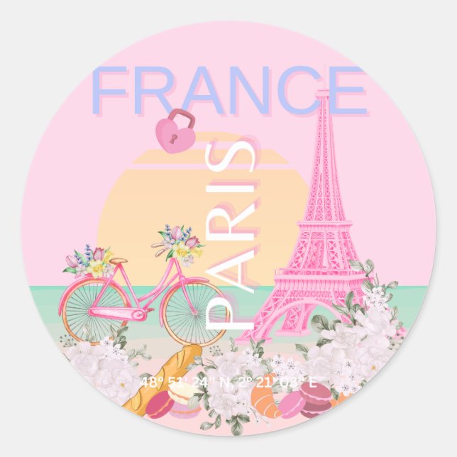 Paris, France, Travel Art, Preppy, Pastel, Pink Classic Round Sticker (Front)