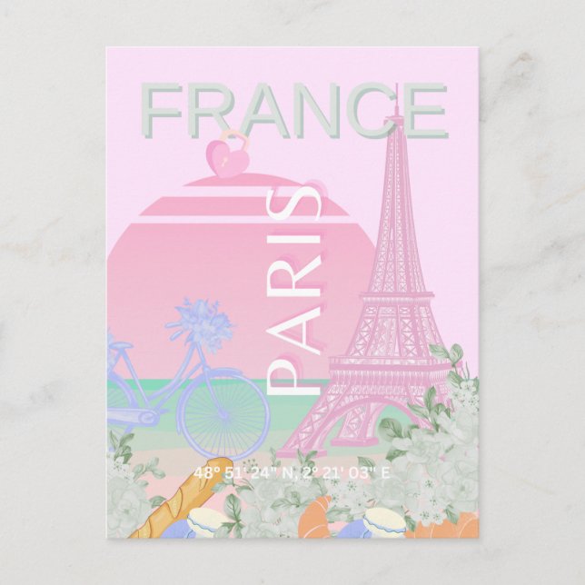 Paris, France, Travel Art, Preppy, Pastel, Pink Holiday Postcard (Front)