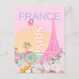 Paris, France, Travel Art, Preppy, Pastel, Pink Holiday Postcard
