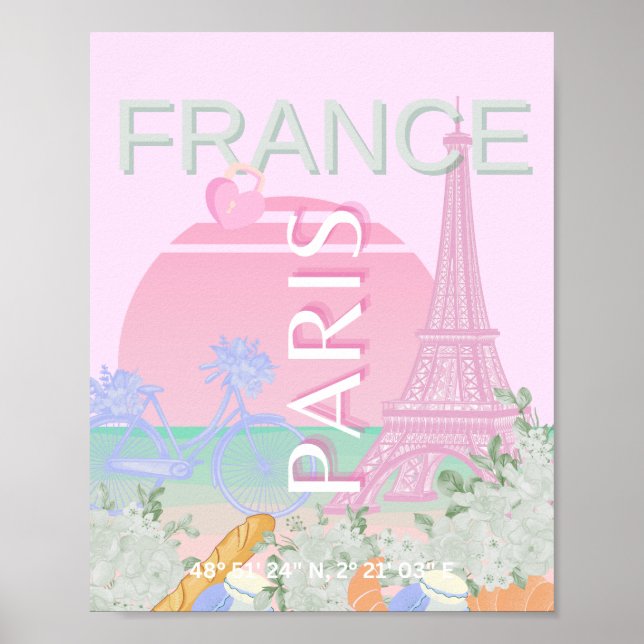 Paris, France, Travel Art, Preppy, Pastel, Pink Poster (Front)