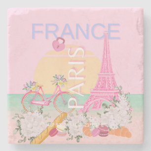 Paris, France, Travel Art, Preppy, Pastel, Pink Stone Coaster