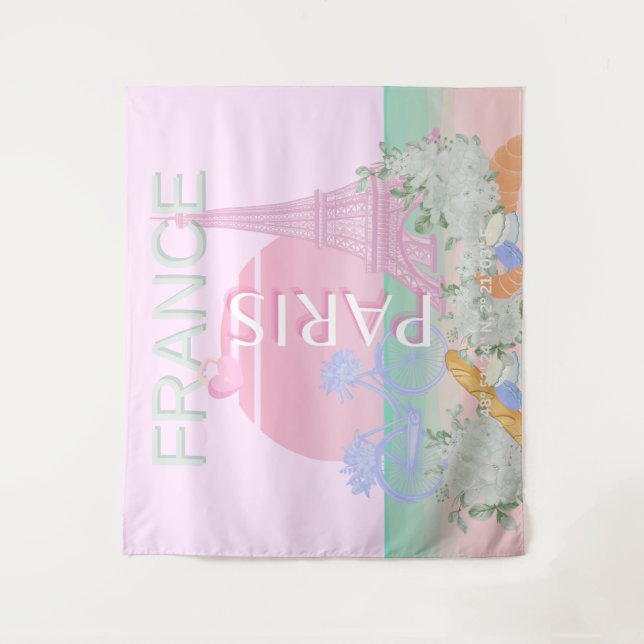 Paris, France, Travel Art, Preppy, Pastel, Pink Tapestry (Front)