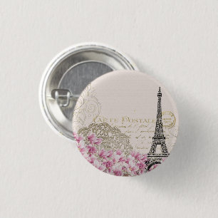 Paris France Travel Design with Eiffel Pink Roses 3 Cm Round Badge