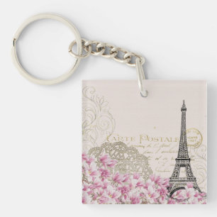 Paris France Travel Design with Eiffel Pink Roses Key Ring