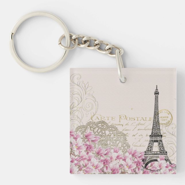 Paris France Travel Design with Eiffel Pink Roses Key Ring (Front)