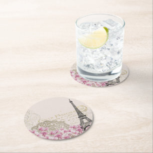 Paris France Travel Design with Eiffel Pink Roses Round Paper Coaster