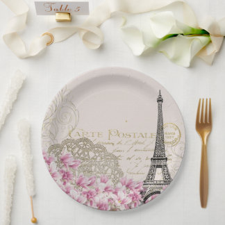 Paris France Travel Eiffel Tower with Rose Flowers Paper Plate