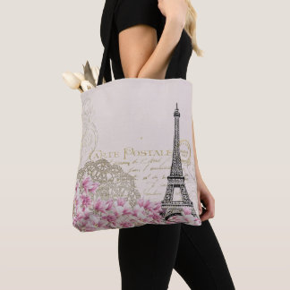 Paris France Travel Eiffel Tower with Rose Flowers Tote Bag