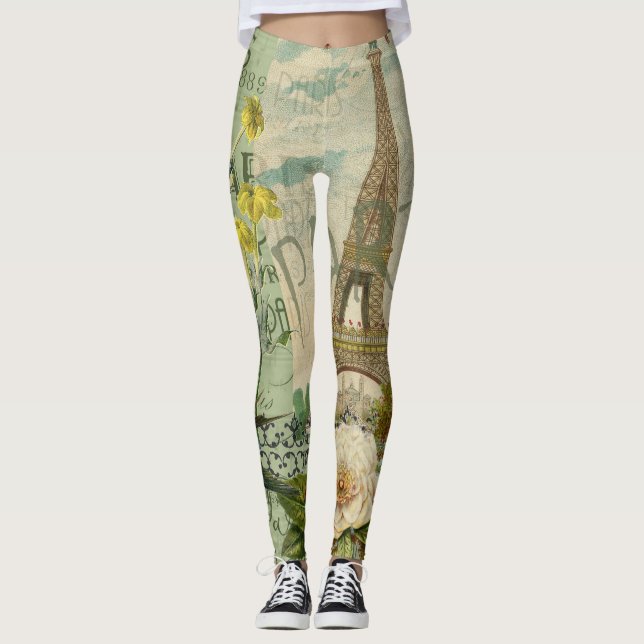 Paris France Travel Vintage Antique Art Painting Leggings (Front)
