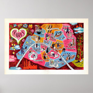 Paris France Vintage Colourful Map Poster