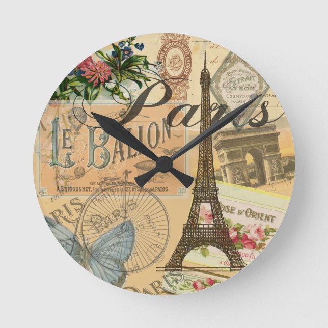 Paris France Vintage Travel Colorful Artwork Round Clock (Front)