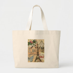 Paris France Vintage Travel Colourful Artwork Large Tote Bag