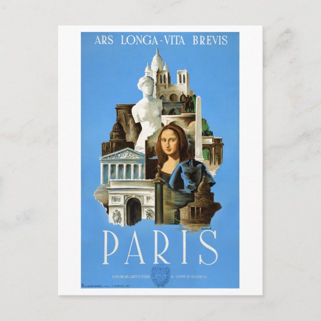 Paris France Vintage Travel Poster Restored Postcard (Front)
