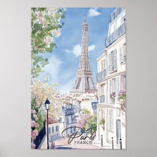Paris France Watercolor Painting Travel Poster