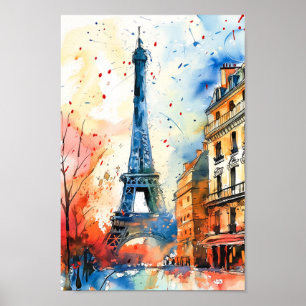 Paris France Watercolor Painting Travel Poster