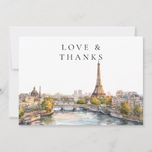 Paris France Watercolor Wedding Photo Thank You Card