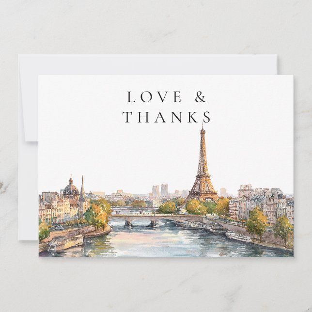 Paris France Watercolor Wedding Photo Thank You Card (Front)