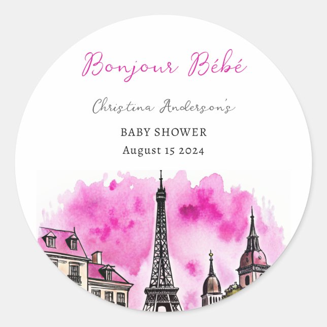 Paris French Bonjour Bebe Pink Black Baby Shower Classic Round Sticker (Front)