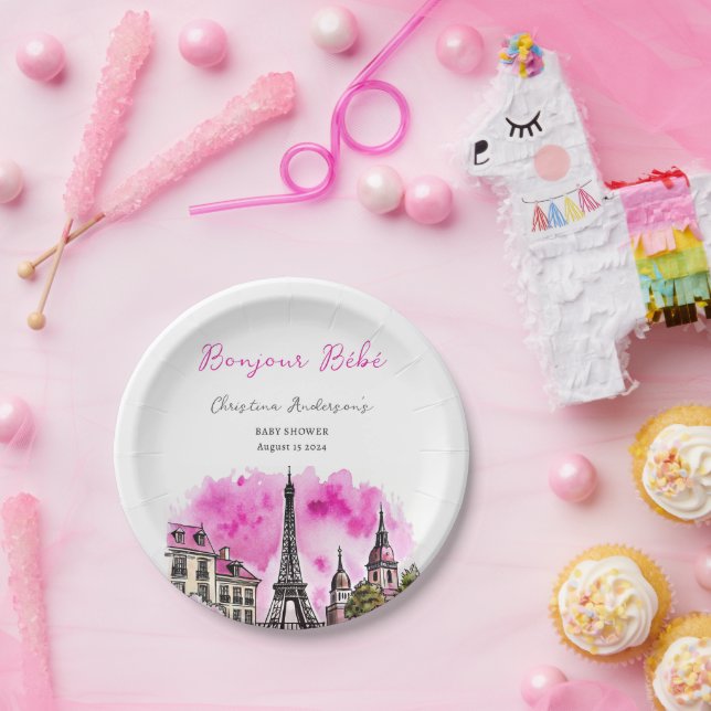 Paris French Bonjour Bebe Pink Black Baby Shower Paper Plate (Party)