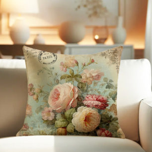 Paris French Flower Market Vintage Pink Floral Cushion