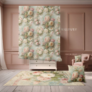 Paris French Flower Vintage Pink and Blue Floral Wallpaper