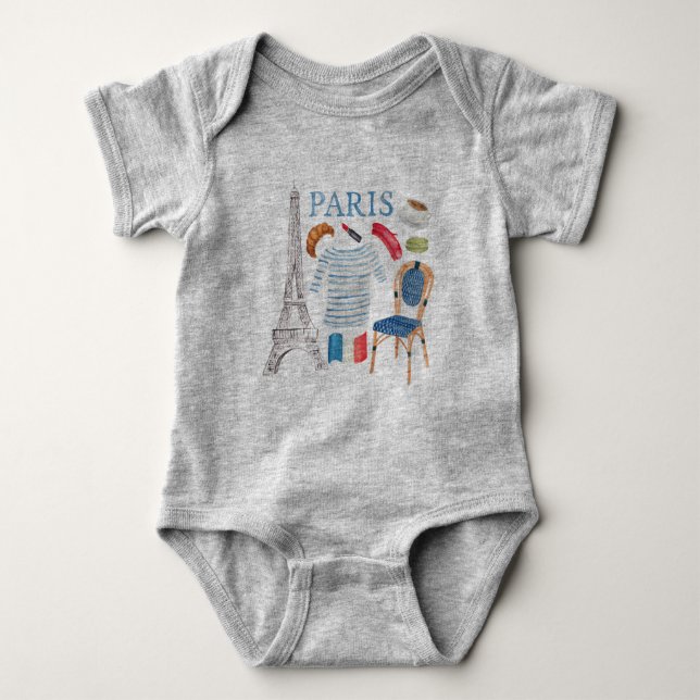 Paris French Watercolor Doodles Onsie Baby Bodysuit (Front)