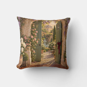 Paris Green Garden Door Wisteria Roses Cushion