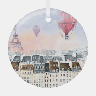 Paris, hot air balloon illustration glass tree decoration
