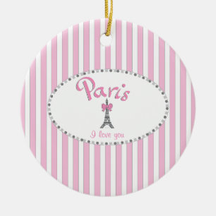 "Paris I Love You"- pink stripes Ceramic Ornament