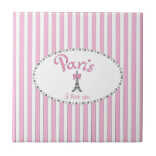 "Paris I Love You"- pink stripes Tile