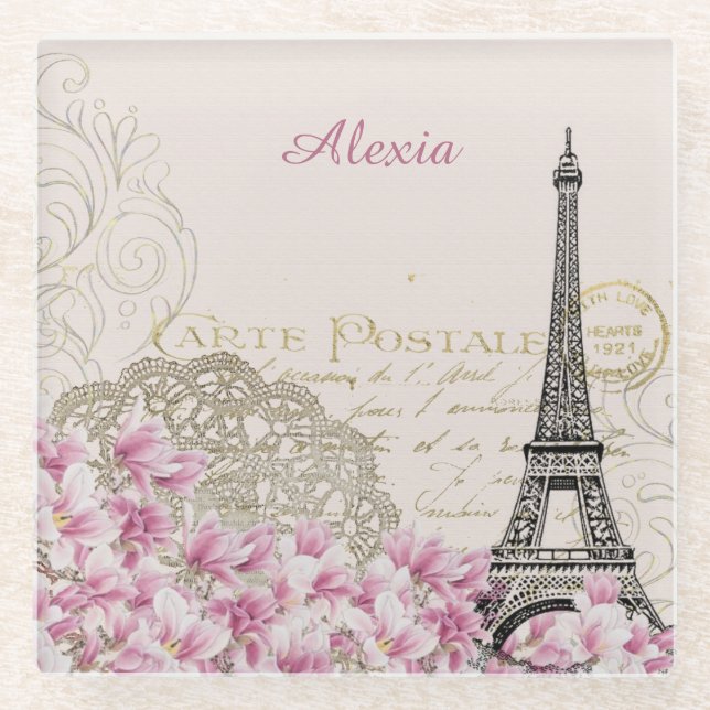 Paris in flowers | your name glass coaster (Front)