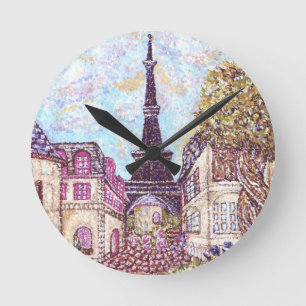 Paris Inspired Cityscape With Eiffel Tower Round W Clock