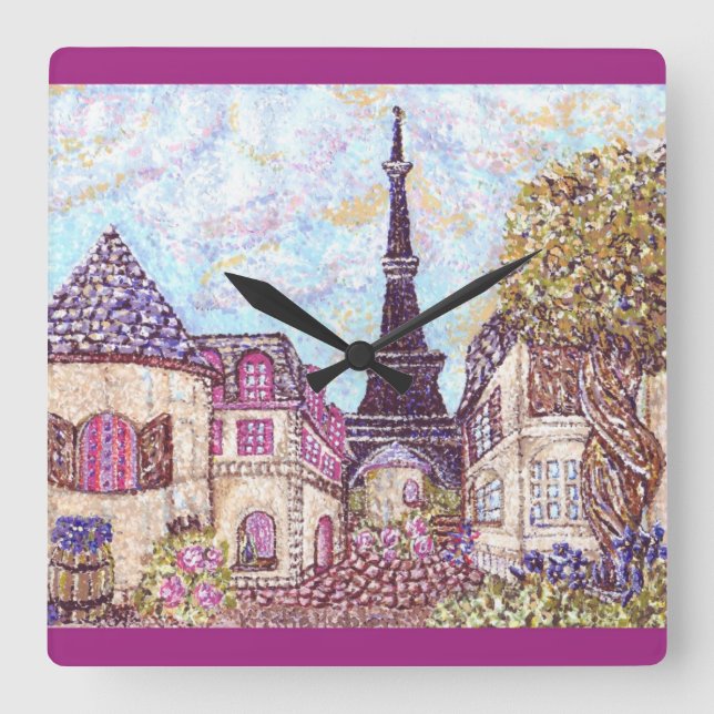Paris Inspired Cityscape With Eiffel Tower Square  Wall Clock (Front)