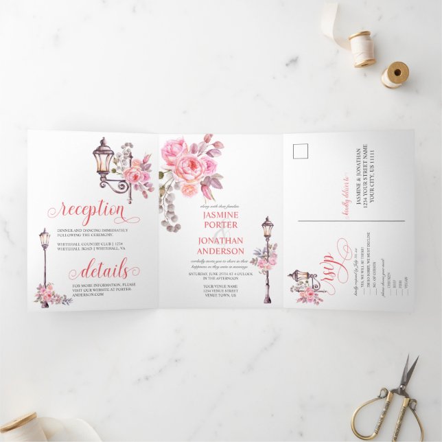Paris Inspired Pink Watercolor Flowers Wedding Tri-Fold Invitation (Inside)