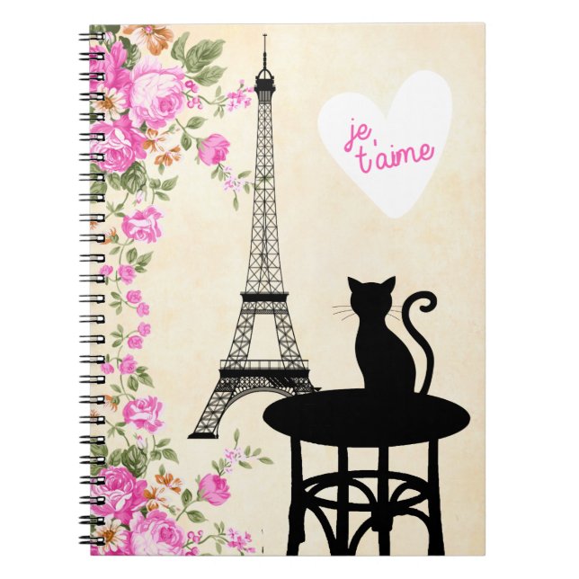 Paris Je T'aime Cat and Eiffel Tower Notebook (Front)