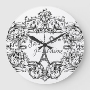 "Paris Je T'aime" Eiffel Tower Scroll Print Large Clock