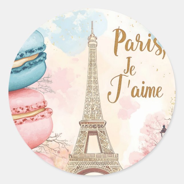  Paris, Je T'aime - Eiffel Tower with Macarons  Classic Round Sticker (Front)