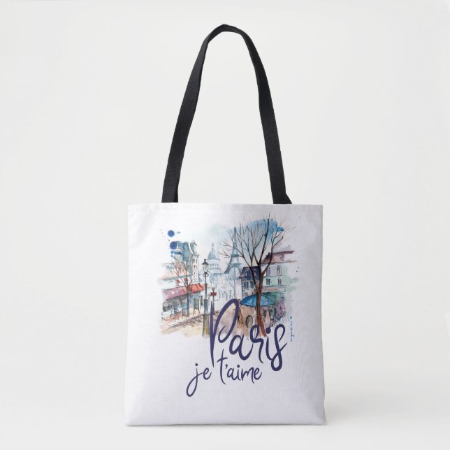 Paris Je t'aime Watercolor Calligraphy France Art Tote Bag (Front)