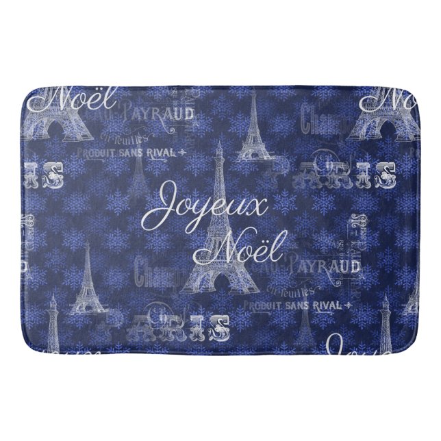 Paris Joyeux Noel Christmas Blue Bathmat (Front)