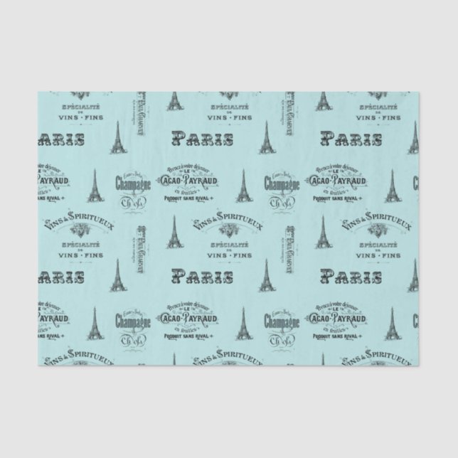 Paris Label Collage Aqua Tissue Paper (Front)