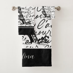 Paris L'amore Love Black and White Eiffel Tower Bath Towel Set