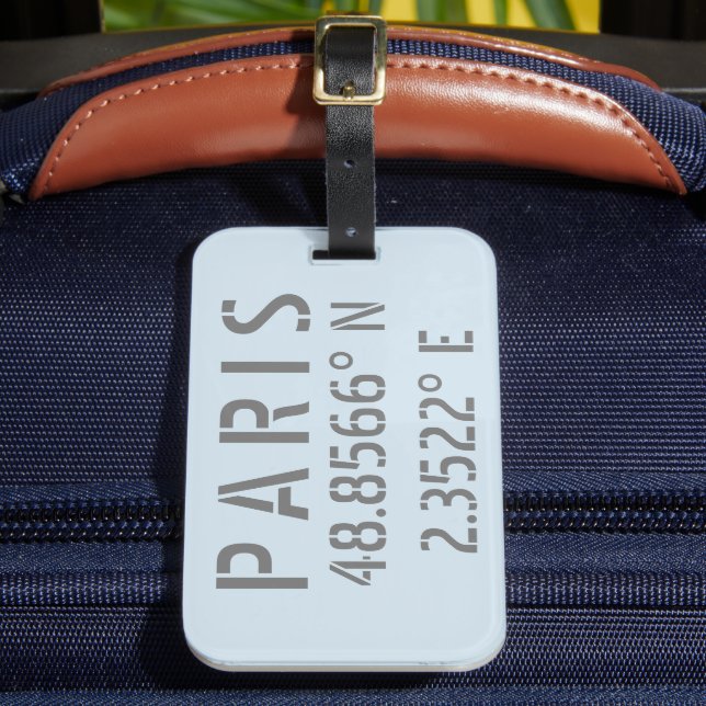 Paris Latitude Longitude Luggage Tag (Front Insitu 2)
