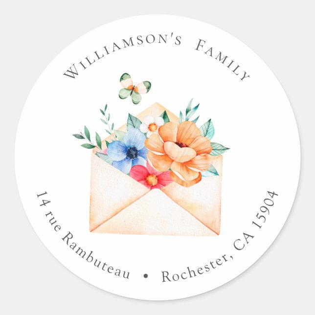 Paris Letter With Flowers Watercolor Address Classic Round Sticker (Front)