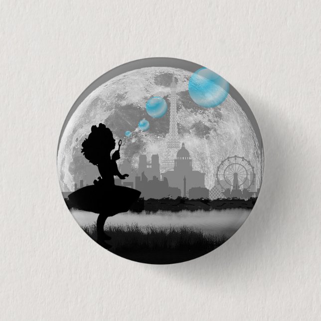 PARIS Little Girl Making Blue Bubble Art Button (Front)