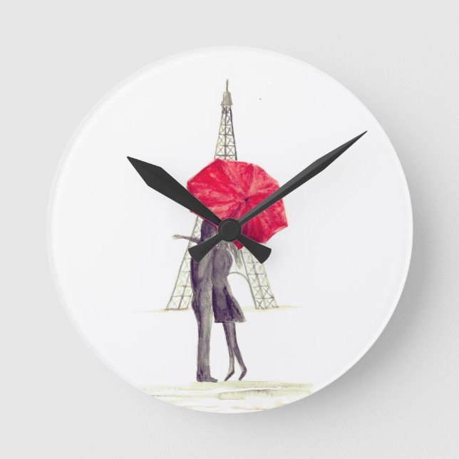 Paris love couple red umbrella Wedding anniversary Round Clock (Front)